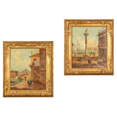 Coppia di dipinti a olio d'epoca del XX secolo raffiguranti una scena sui canali di Venezia, opera di Aldo Grossi, Italia