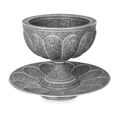 Antique 20thC Persian Silver Plated Ghalamzani Bowl On Stand, Isfahan c.1900