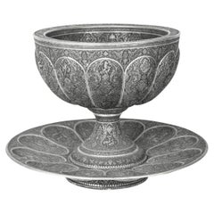 Antique 20thC Persian Silver Plated Ghalamzani Bowl On Stand, Isfahan c.1900
