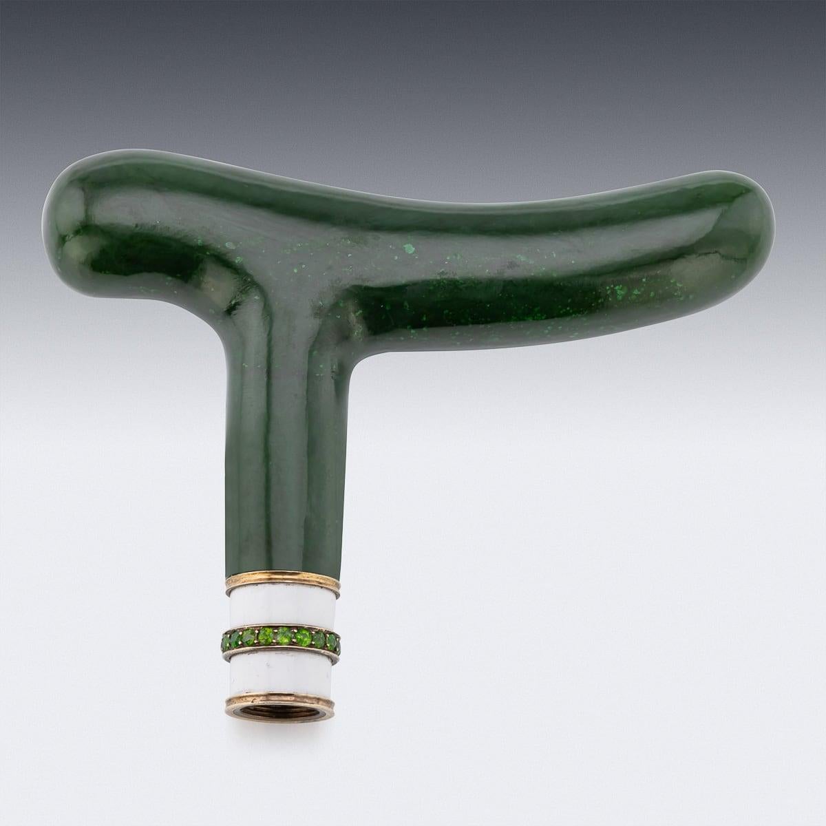 Other Antique 20thC Russian Faberge Style Nephrite & Peridot & Gold Cane Handle c.1910 For Sale