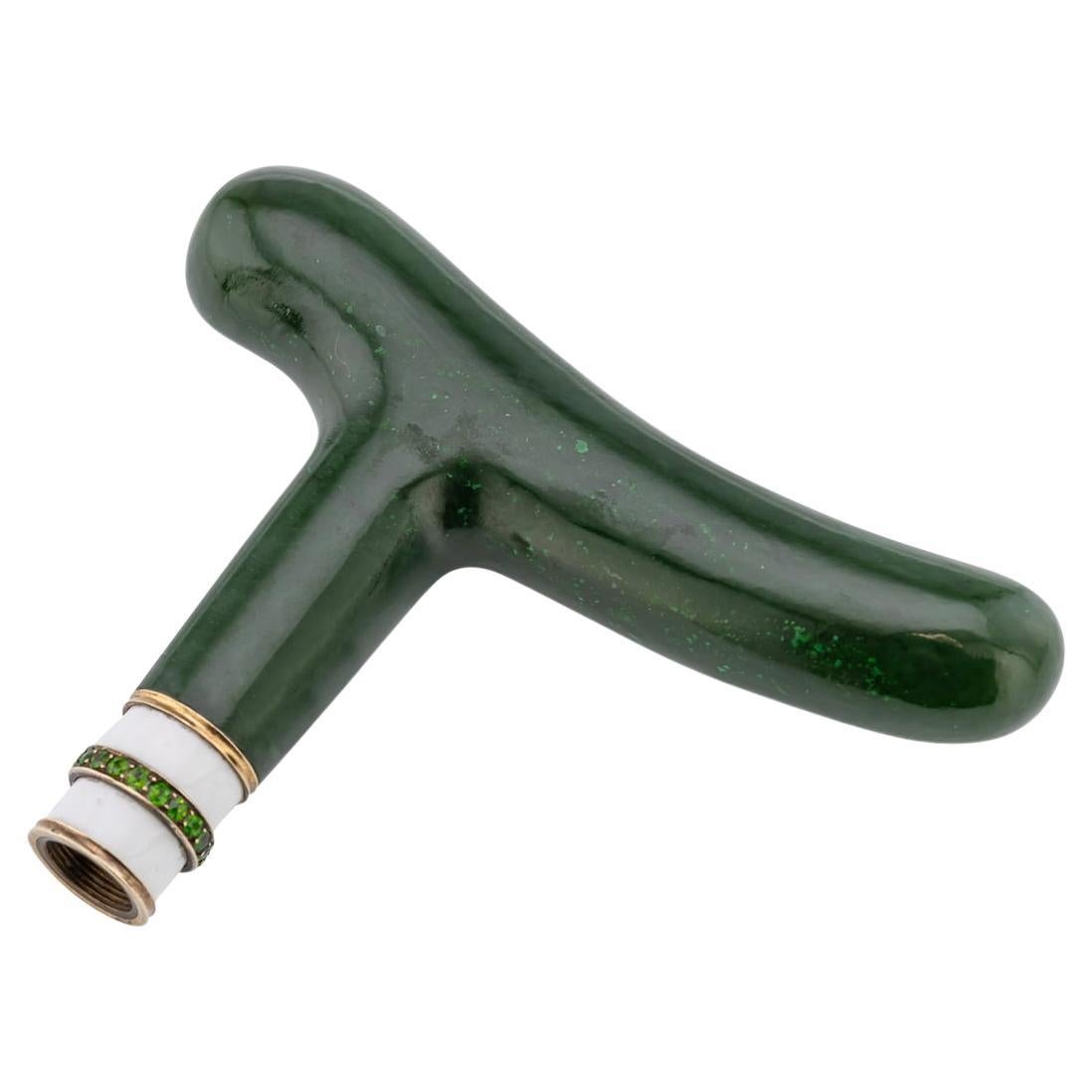 Antique 20thC Russian Faberge Style Nephrite & Peridot & Gold Cane Handle c.1910