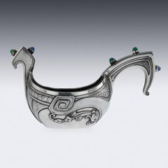 20th Century Russian Gem-Set Solid Silver Kovsh, Marshak, Moscow, circa 1900