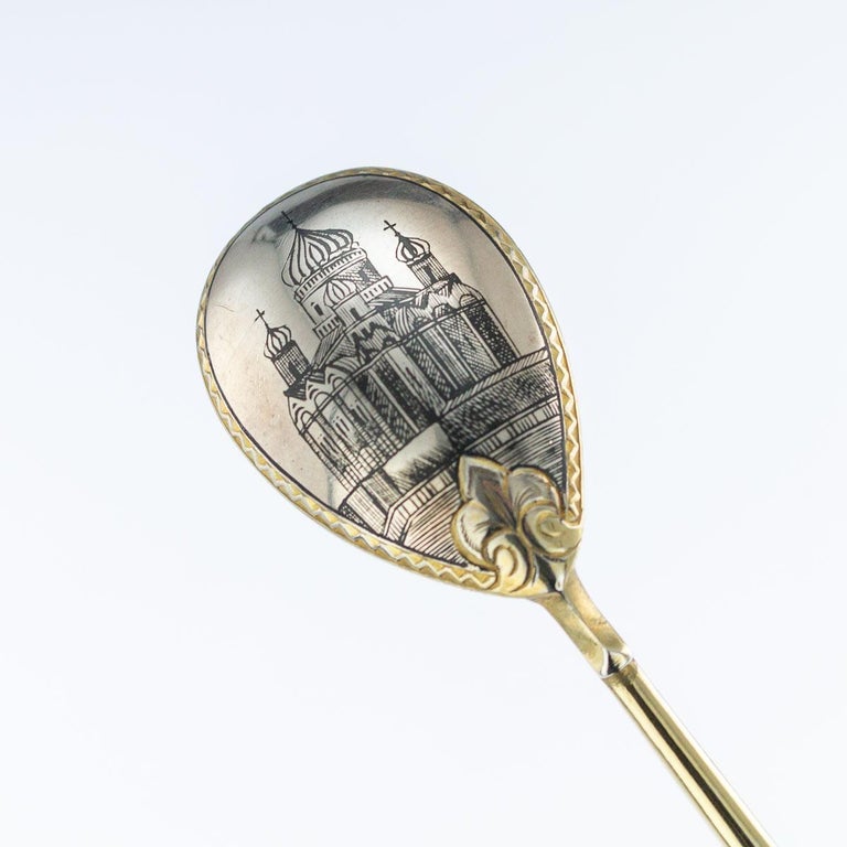 20th Century Antique Russian Set of 12 Silver-Gilt Niello Spoons, Maria Sokolova, circa 1900