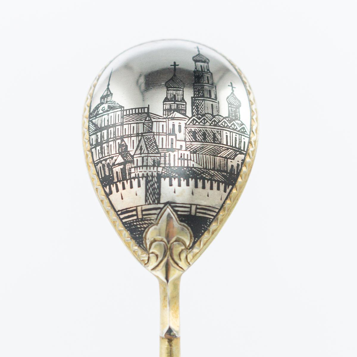 Antique Russian Set of 12 Silver-Gilt Niello Spoons, Maria Sokolova, circa 1900 2