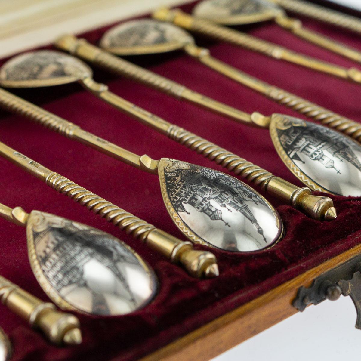 Antique Russian Set of 12 Silver-Gilt Niello Spoons, Maria Sokolova, circa 1900 5