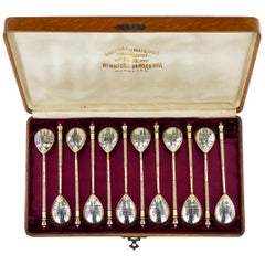 Antique Russian Set of 12 Silver-Gilt Niello Spoons, Maria Sokolova, circa 1900