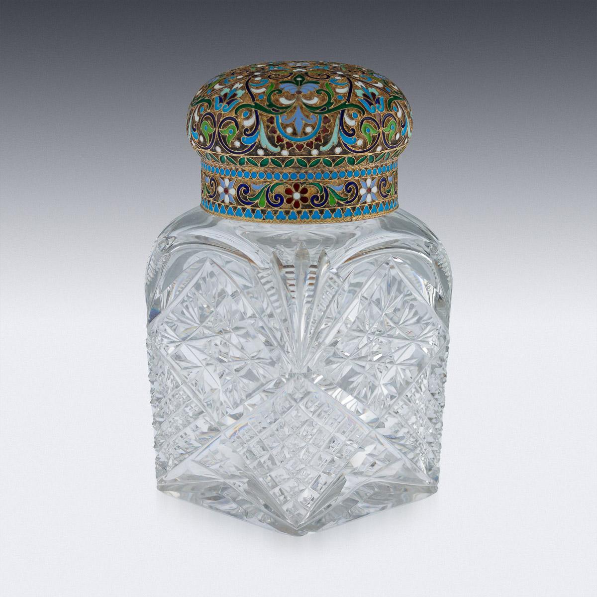 Antique early 20th century Russian solid silver-gilt, cloisonne enamel and cut glass large tea caddy, richly gilt, cut glass container of square form mounted with a traditional button shaped pull of lid decorated with traditional Russian scrolls and