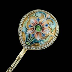 Antique Russian Solid Silver and Cloisonné Enamel Spoons, V Agafonov, circa 1910