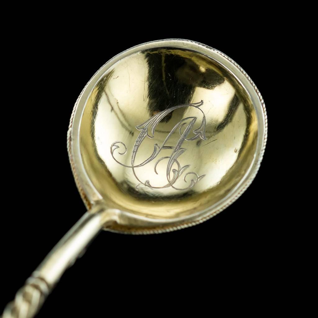 Antique Russian Solid Silver and Cloisonné Enamel Spoons, V Agafonov, circa 1910 In Excellent Condition In Royal Tunbridge Wells, Kent
