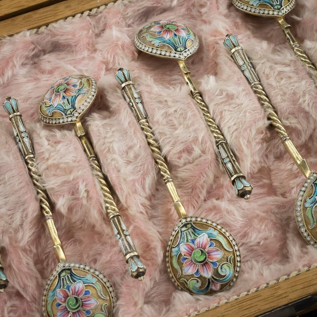 Antique Russian Solid Silver and Cloisonné Enamel Spoons, V Agafonov, circa 1910 4