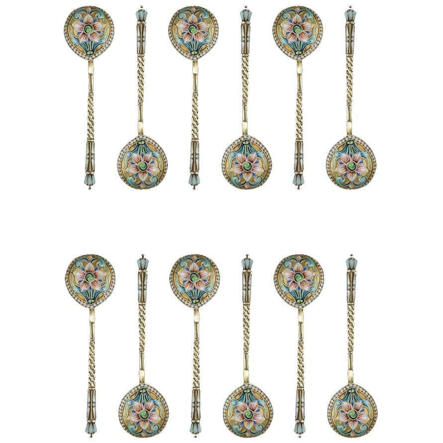 Antique Russian Solid Silver and Cloisonné Enamel Spoons, V Agafonov, circa 1910