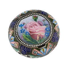 Antique Russian Solid Silver and Pictorial Enamel Pill Box, 20 Artel, circa 1910