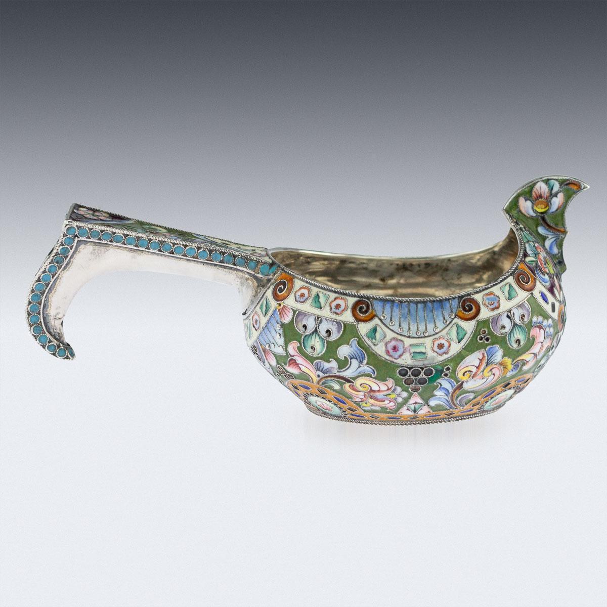 Russian Solid Silver and Shaded Enamel Kovsh, Grigory Sbitnev, circa 1910 In Good Condition In Royal Tunbridge Wells, Kent