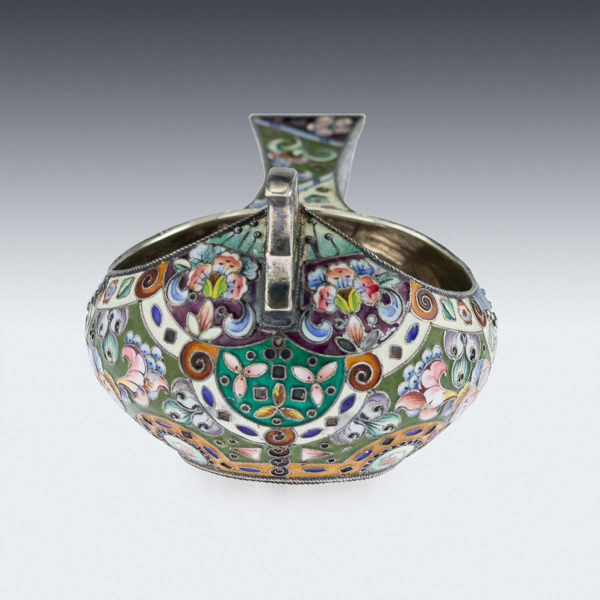 20th Century Russian Solid Silver and Shaded Enamel Kovsh, Grigory Sbitnev, circa 1910
