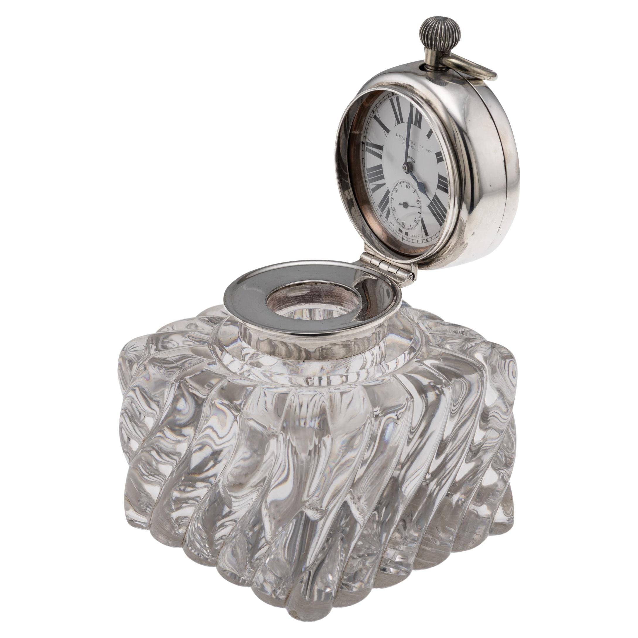 Antique 20thC Scottish Solid Silver Clock & Inkwell By Hamilton & Inches c.1903 For Sale