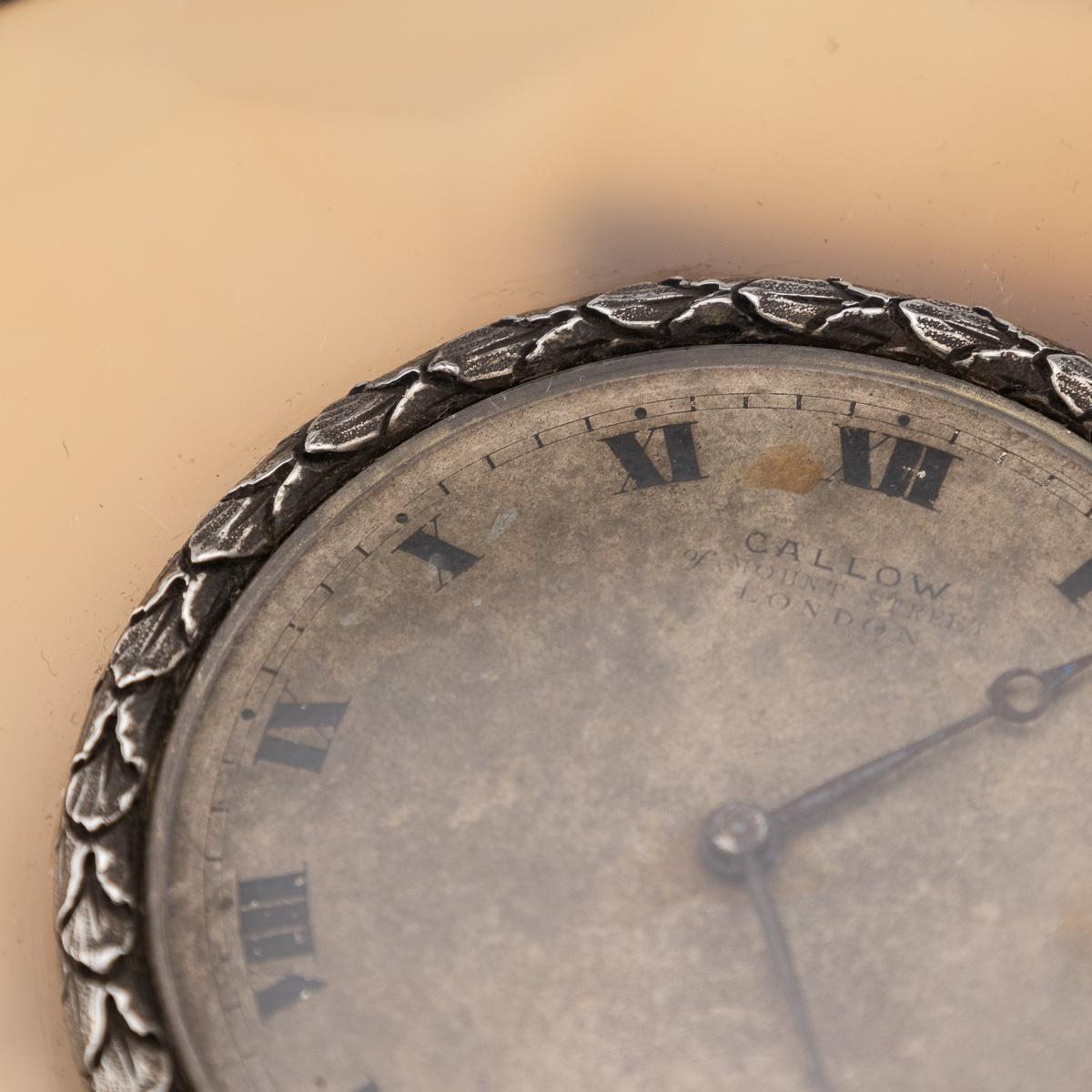 Antique 20thC Solid Silver & Agate Clock, Callow Of Mount Street, London c.1910 For Sale 5