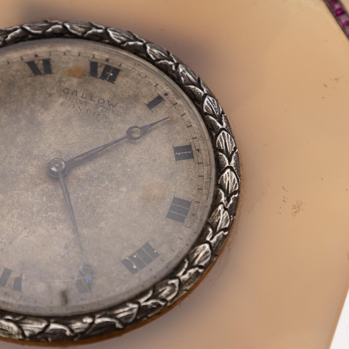 Antique 20thC Solid Silver & Agate Clock, Callow Of Mount Street, London c.1910 For Sale 6