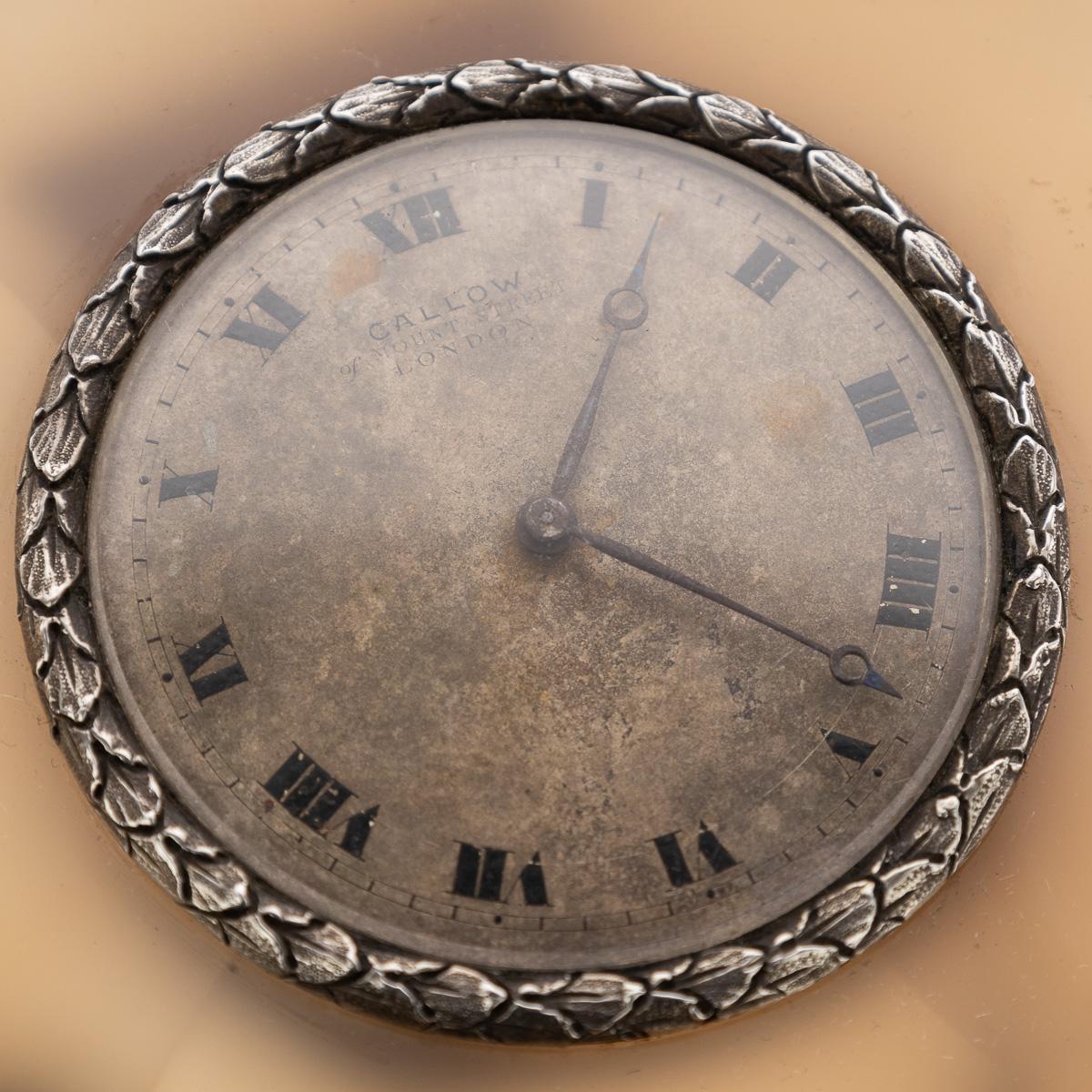 Antique 20thC Solid Silver & Agate Clock, Callow Of Mount Street, London c.1910 For Sale 9