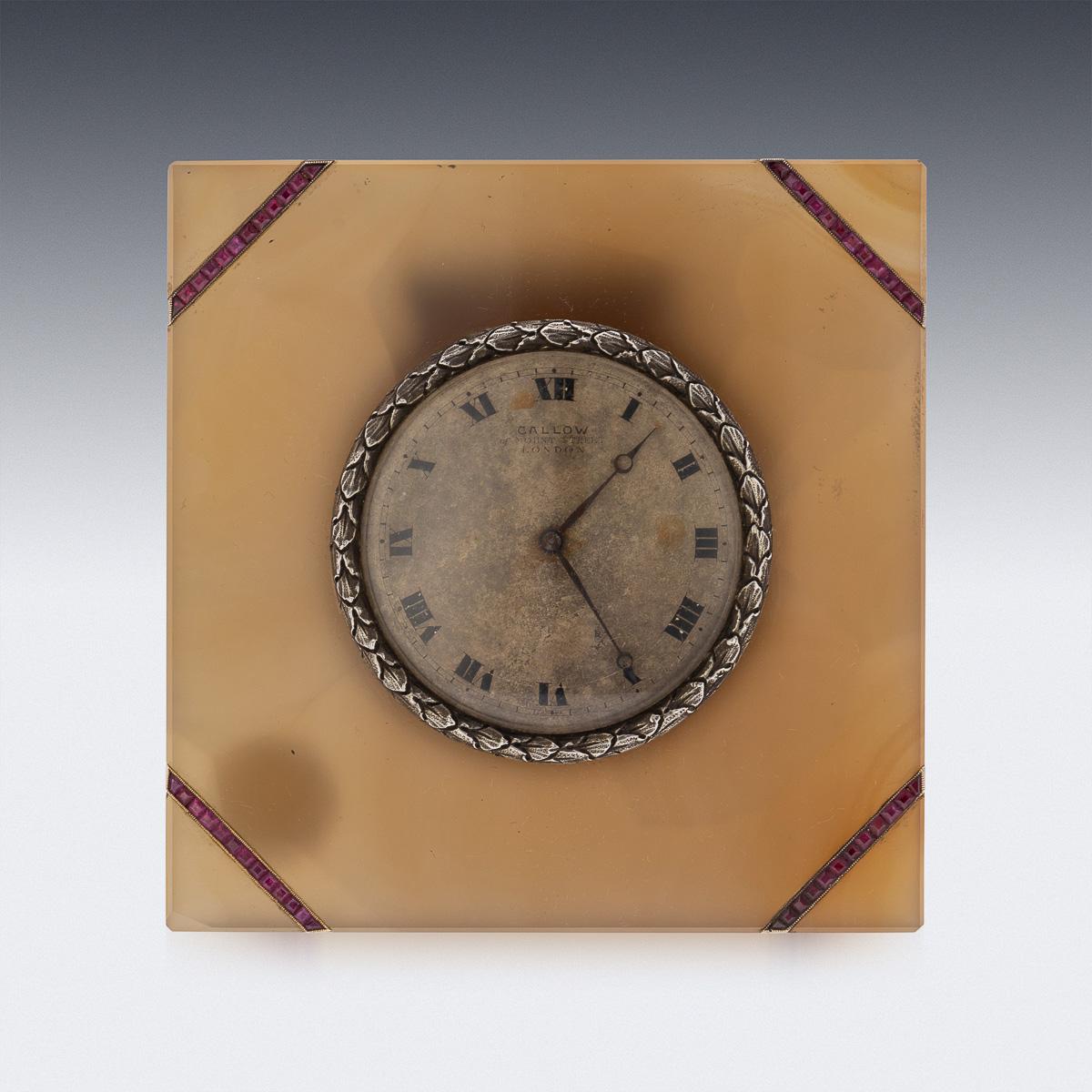 Other Antique 20thC Solid Silver & Agate Clock, Callow Of Mount Street, London c.1910 For Sale