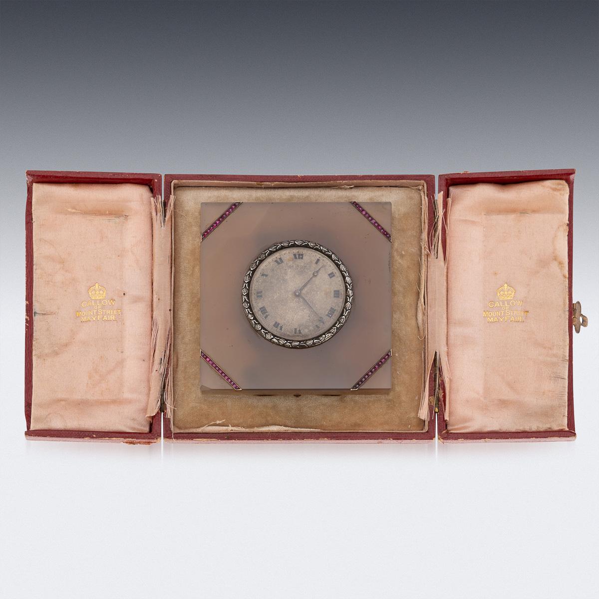 20th Century Antique 20thC Solid Silver & Agate Clock, Callow Of Mount Street, London c.1910 For Sale