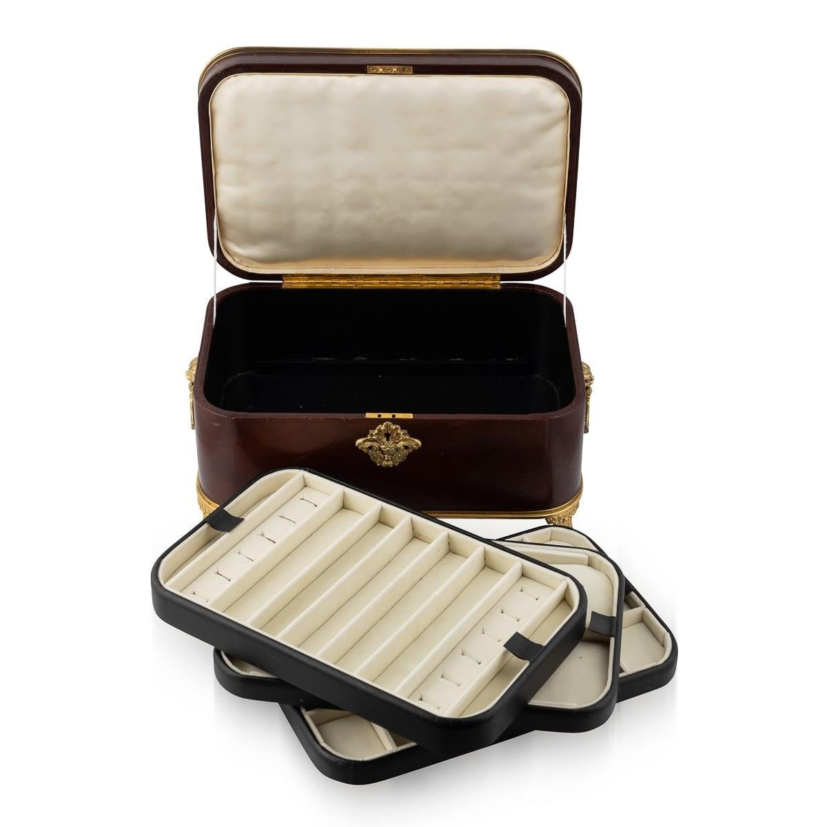 Gold Plate Antique 20thC Solid Silver & Burgundy Leather Three Tier Jewellery Box c.1920 For Sale