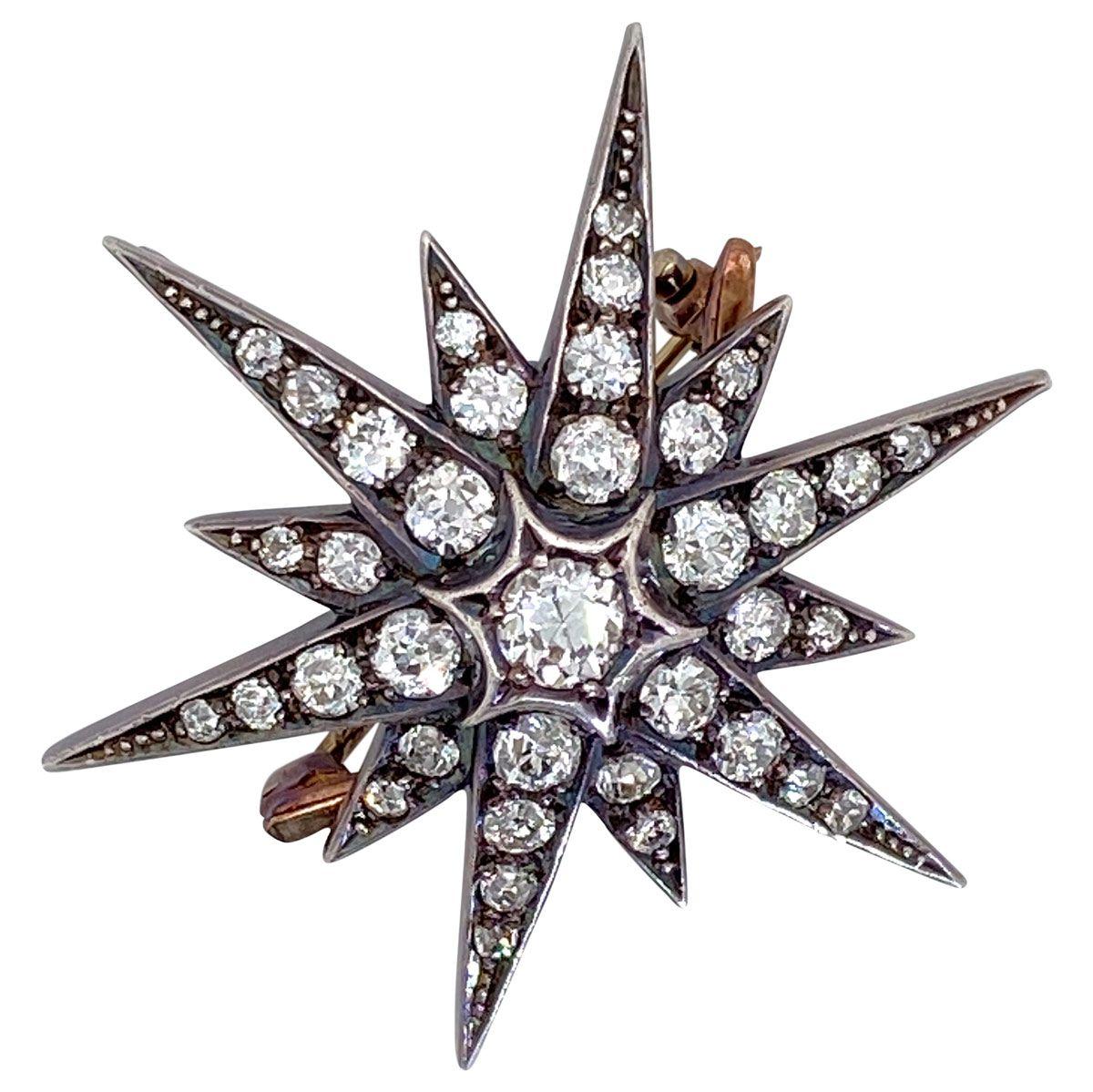 Victorian Antique 2.10 Carat Diamond Six Point Starburst Pin / Pendant