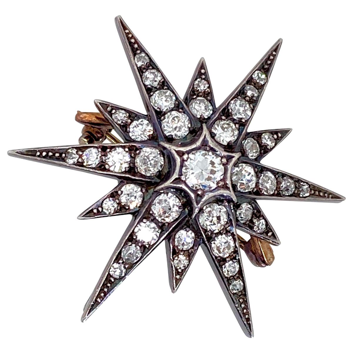Antique 2.10 Carat Diamond Six Point Starburst Pin / Pendant