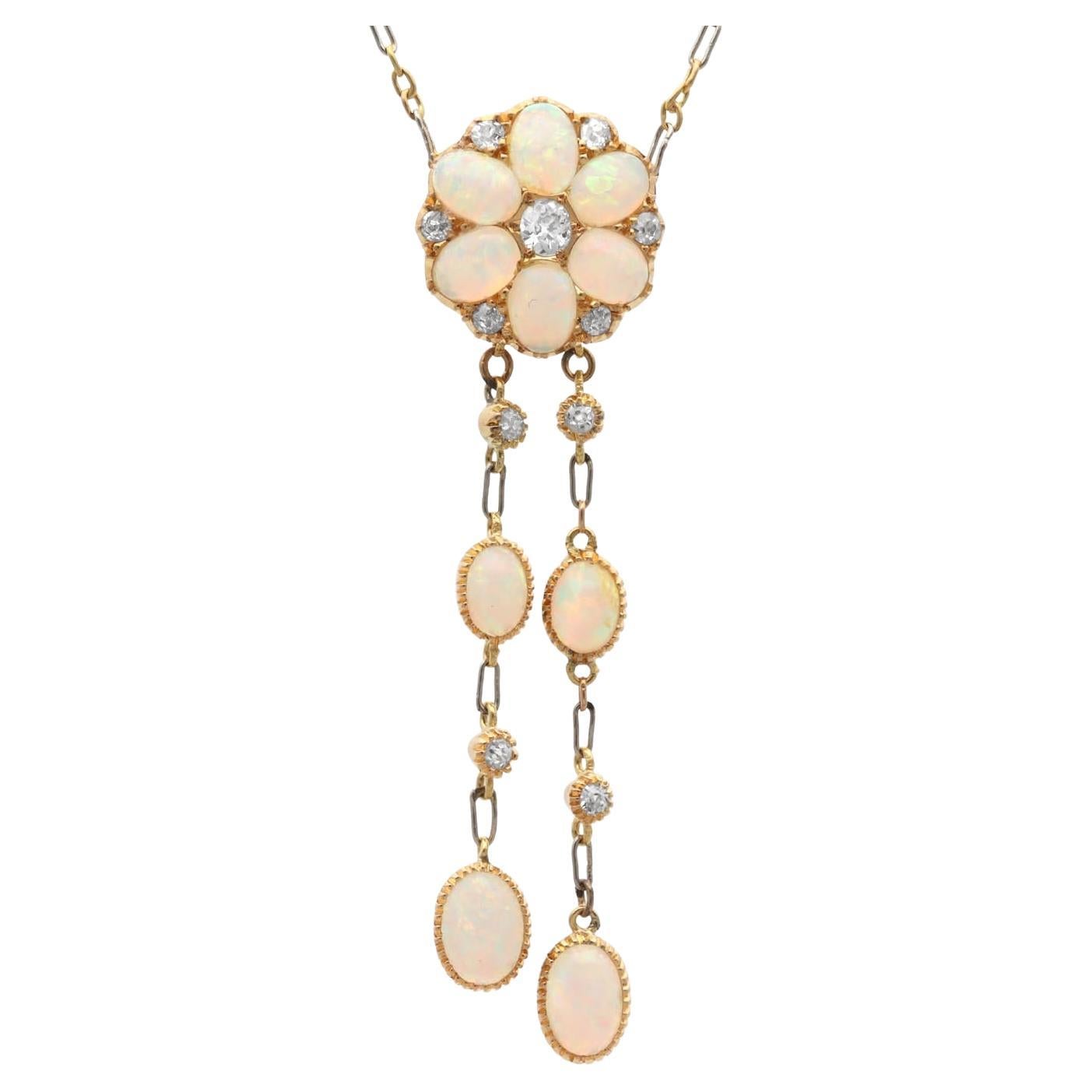 Antique 2.10 Carat Opal and Diamond 15k Yellow Gold Pendant Circa 1900