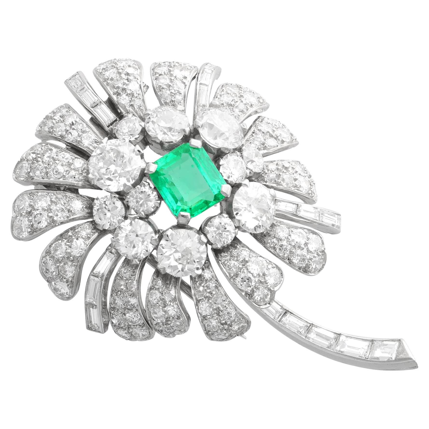 Antique 2.10Ct Emerald and 7.73Ct Diamond Platinum Floral Brooch Circa 1900 For Sale