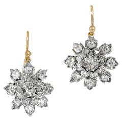 Antique 2.10ct Floral Diamond Earrings, 18k Yellow Gold & Silver, Circa 1850