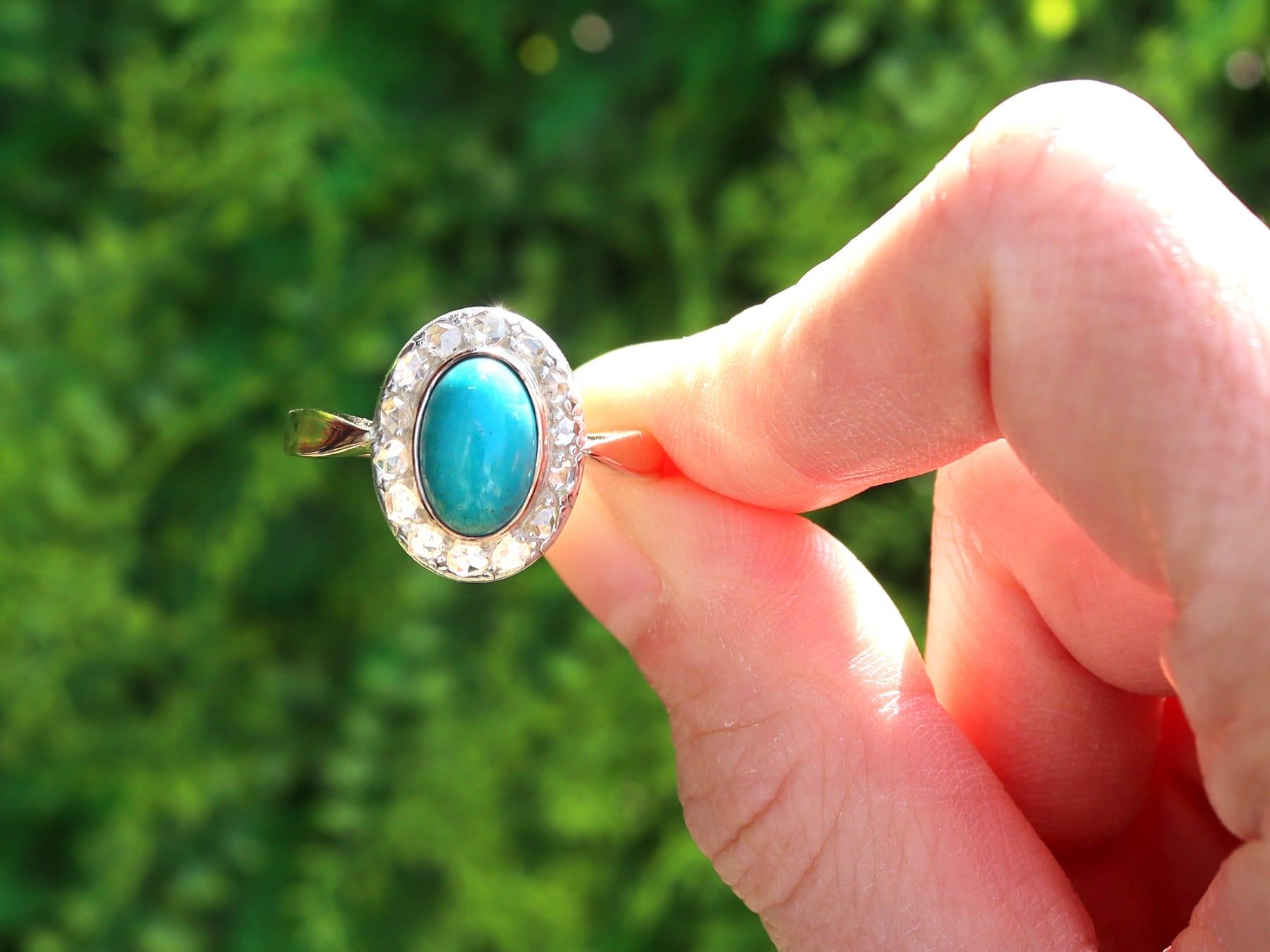 A fine and impressive antique 2.12 carat turquoise and 1.32 carat diamond, 14 karat rose gold and silver set dress ring; part of our diverse antique jewellery and estate jewelry collections

This fine and impressive antique turquoise ring has been