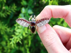 Antique 2.13 Carat Garnet Diamond and Emerald Yellow Gold Insect Pendant
