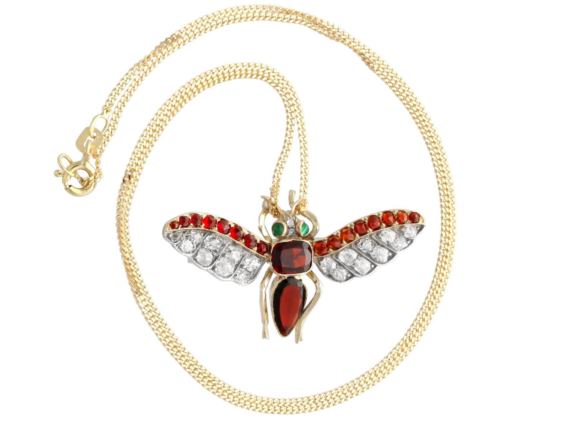 Mixed Cut Antique 2.13 Carat Garnet Diamond and Emerald Yellow Gold Insect Pendant For Sale