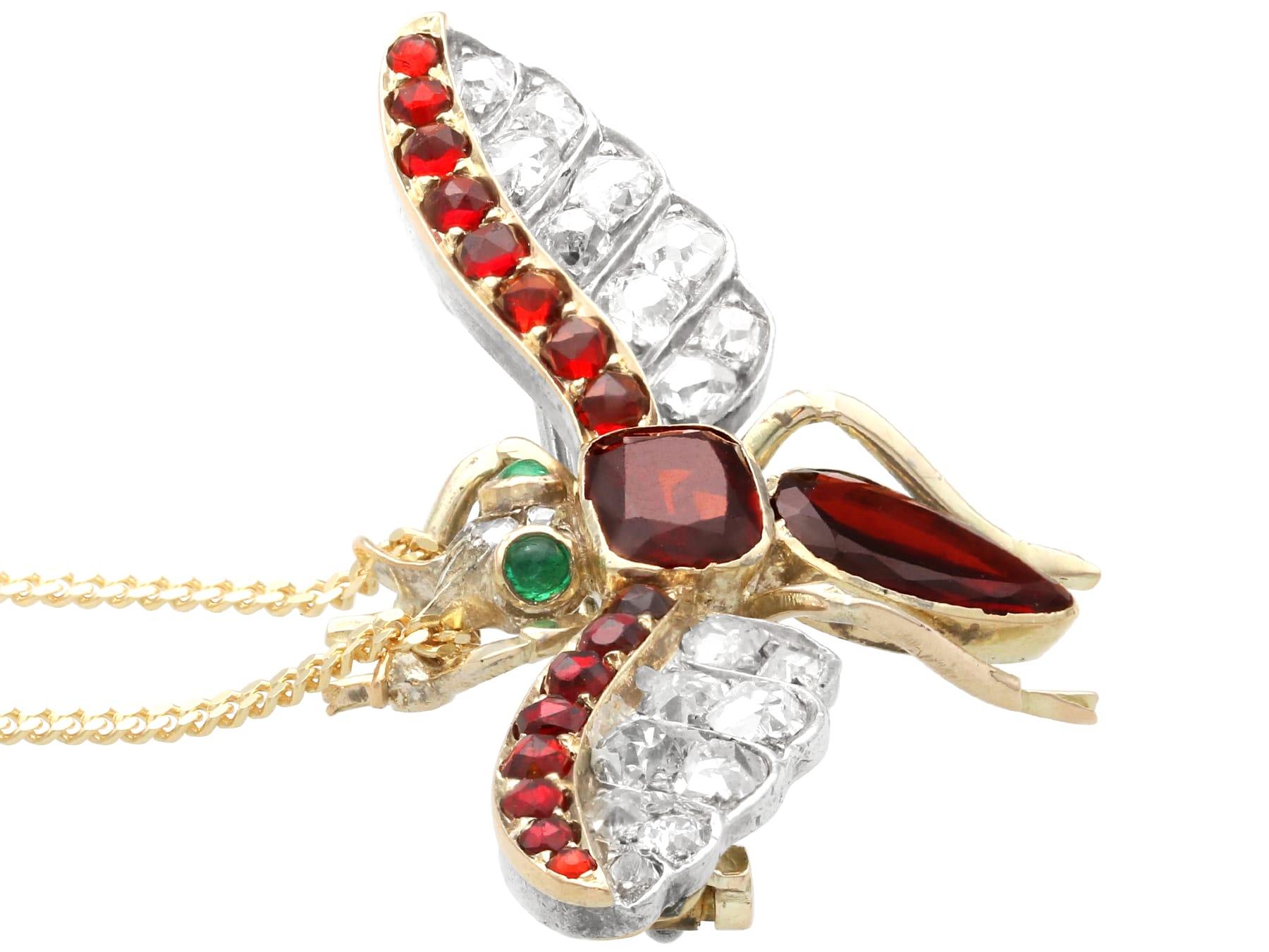 Women's or Men's Antique 2.13 Carat Garnet Diamond and Emerald Yellow Gold Insect Pendant For Sale