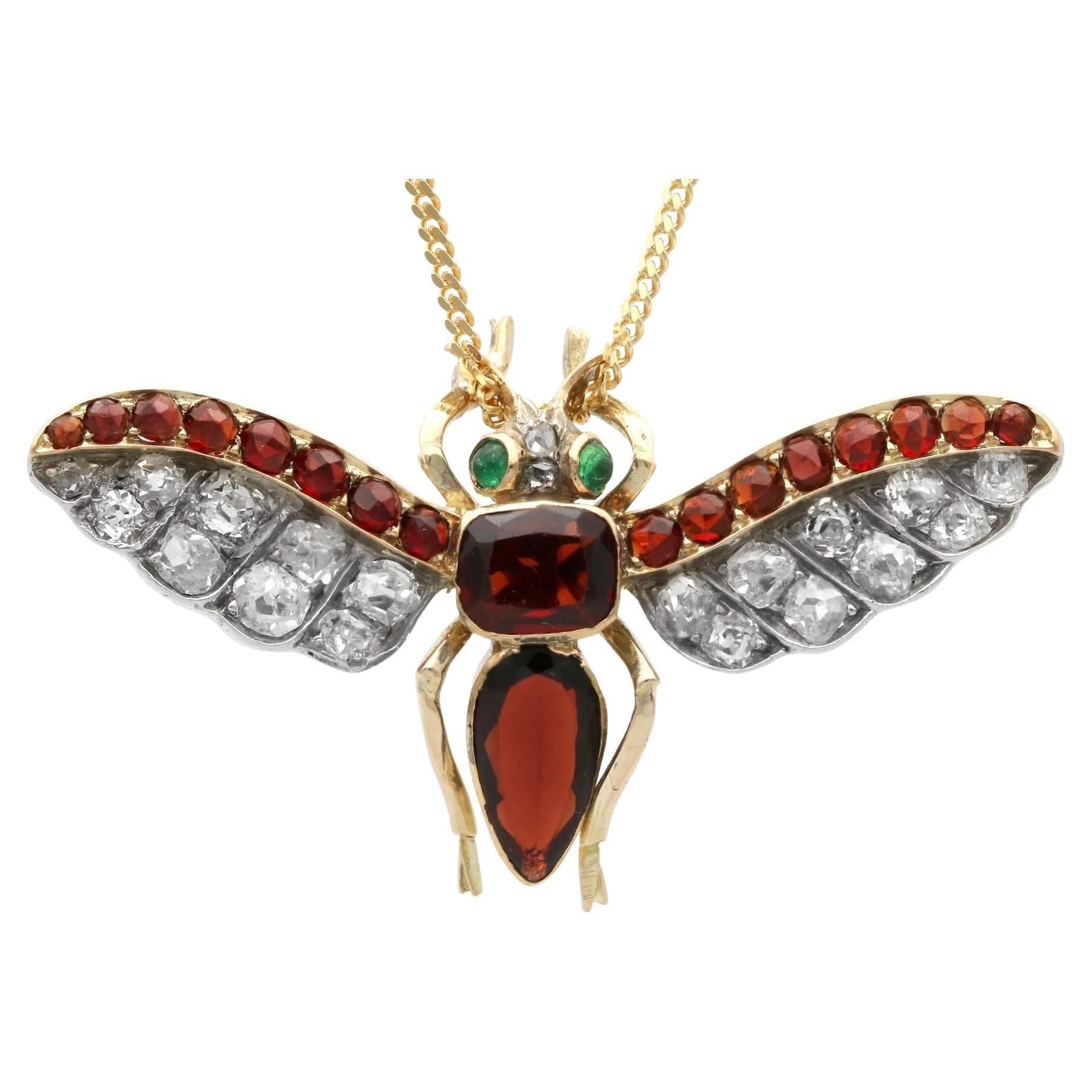 Antique 2.13 Carat Garnet Diamond and Emerald Yellow Gold Insect Pendant For Sale