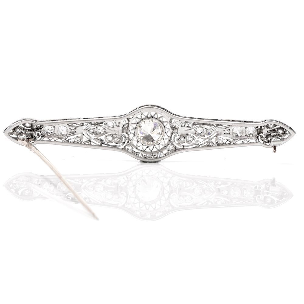 Art Deco Antique 2.15 Carat Diamond Platinum Filigree Bar Brooch