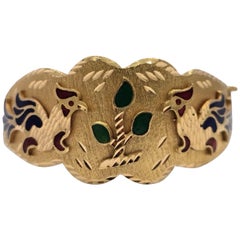 Antique 21.5K Ottoman-Style Enamel Bird & Tree of Life Gold Bangle Bracelet