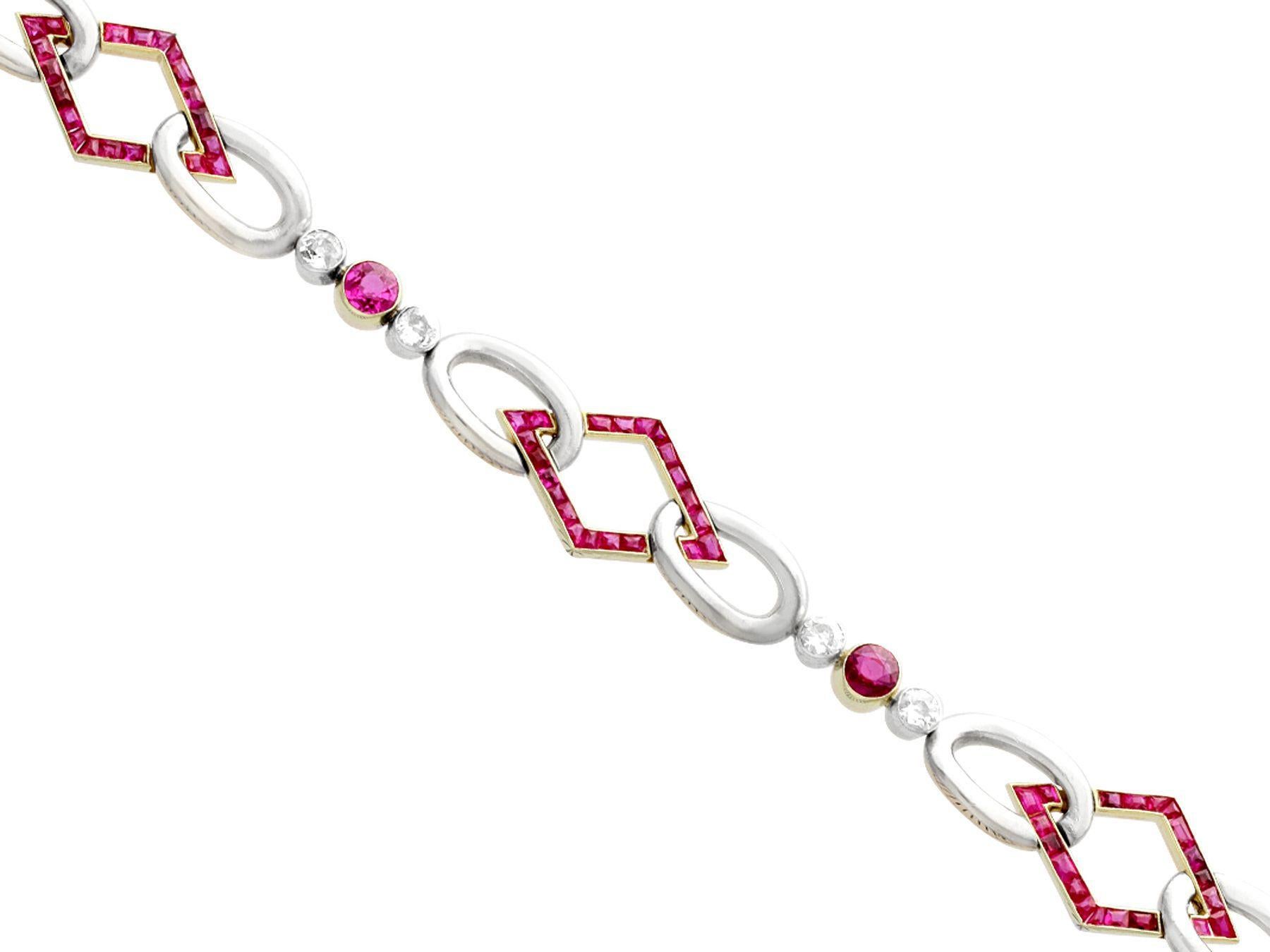 Round Cut Antique 2.16 Carat Ruby and 1.26 Carat Diamond Yellow Gold Bracelet For Sale