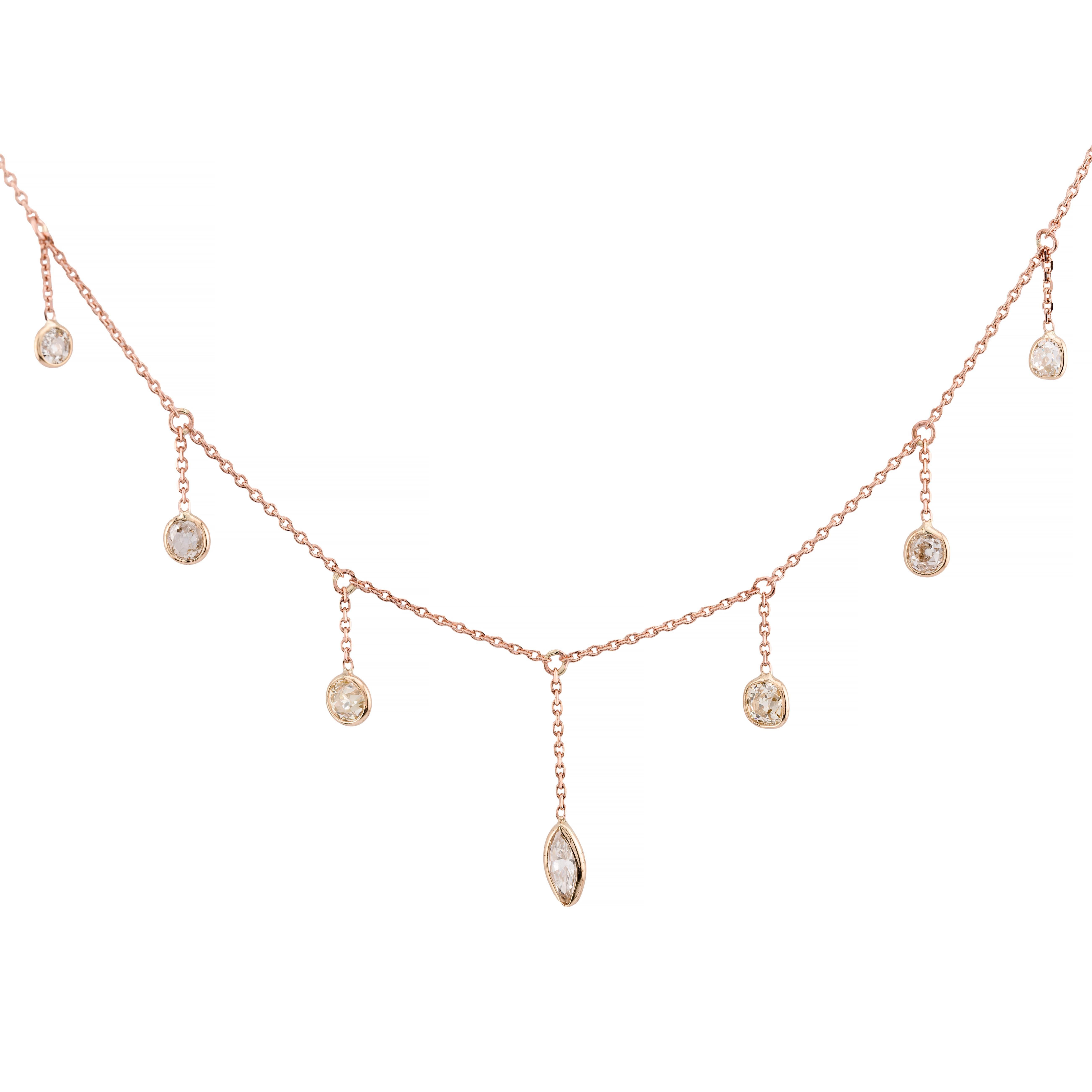 Art Nouveau Antique 2.16ctw Mine Cut Diamond Fringe Necklace in 14 Karat Rose Gold For Sale
