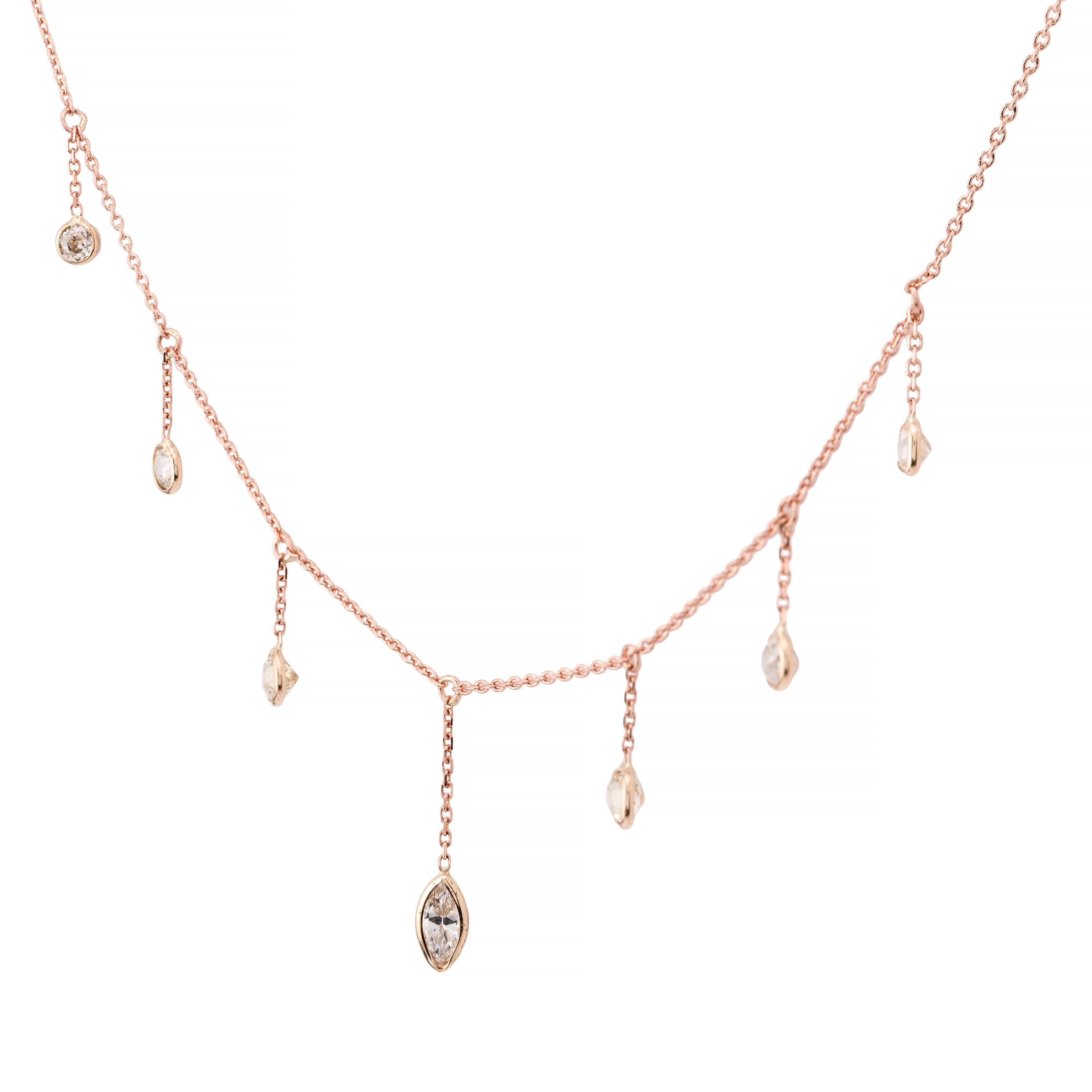 Old Mine Cut Antique 2.16ctw Mine Cut Diamond Fringe Necklace in 14 Karat Rose Gold For Sale