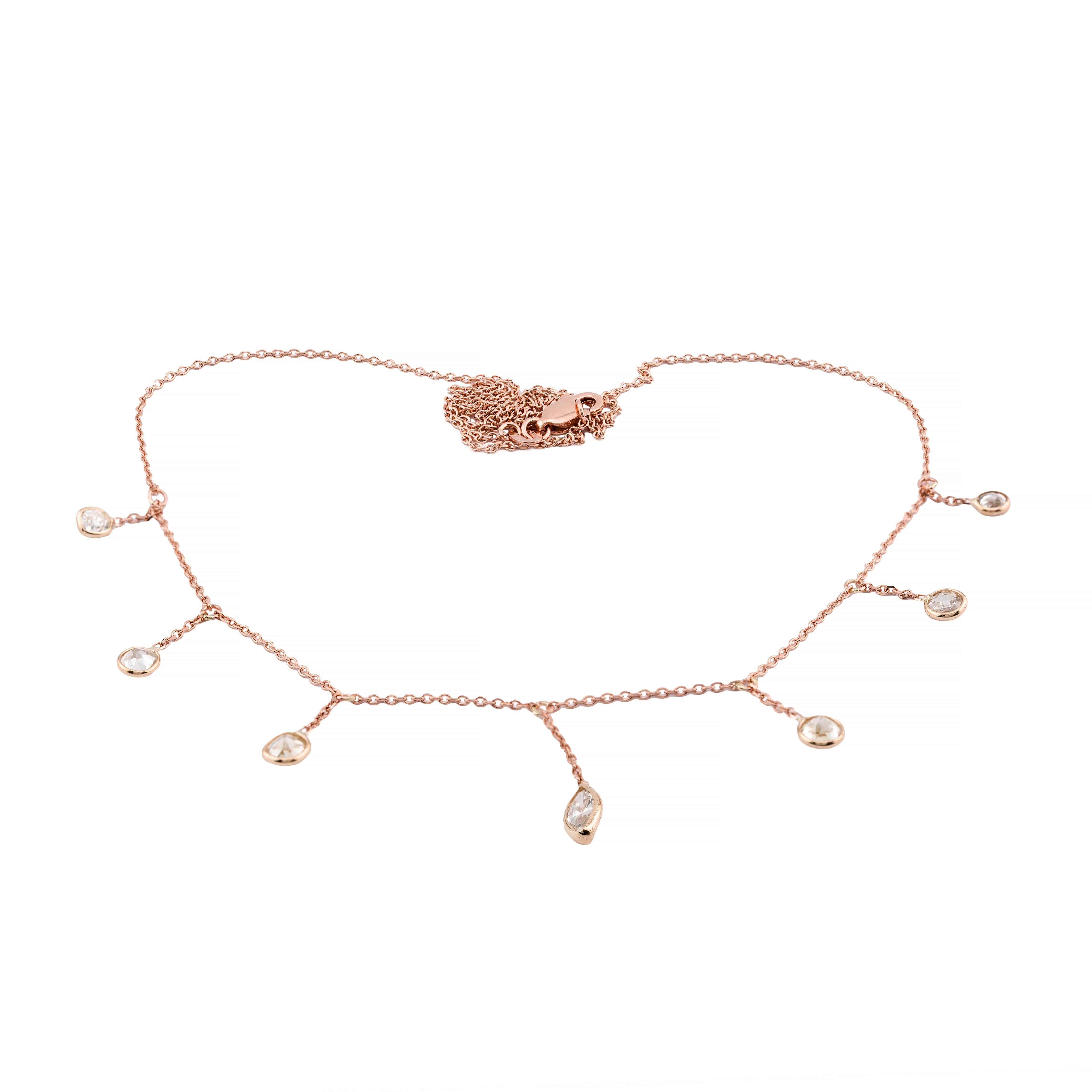 Antique 2.16ctw Mine Cut Diamond Fringe Necklace in 14 Karat Rose Gold In Excellent Condition For Sale In Boston, MA