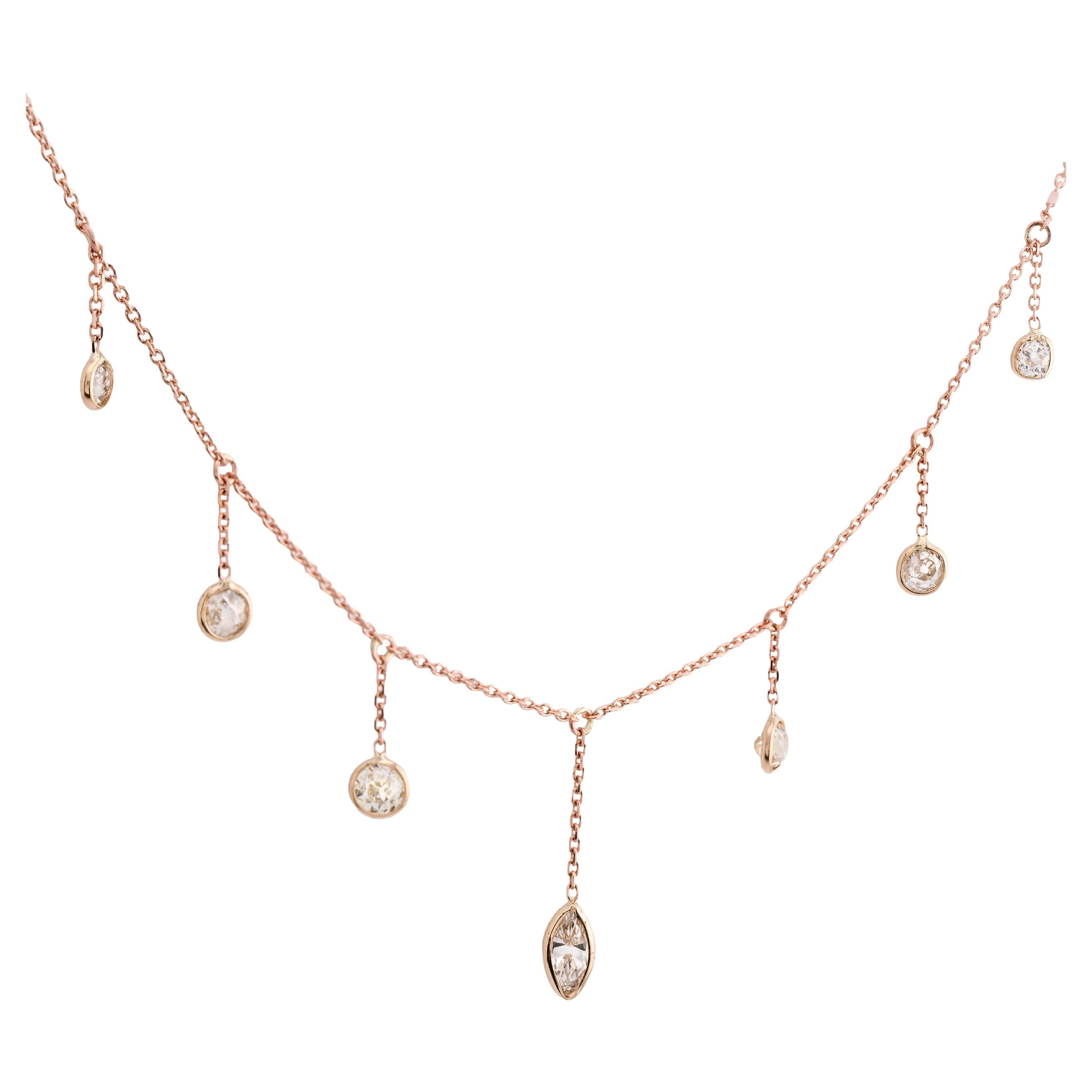Antique 2.16ctw Mine Cut Diamond Fringe Necklace in 14 Karat Rose Gold