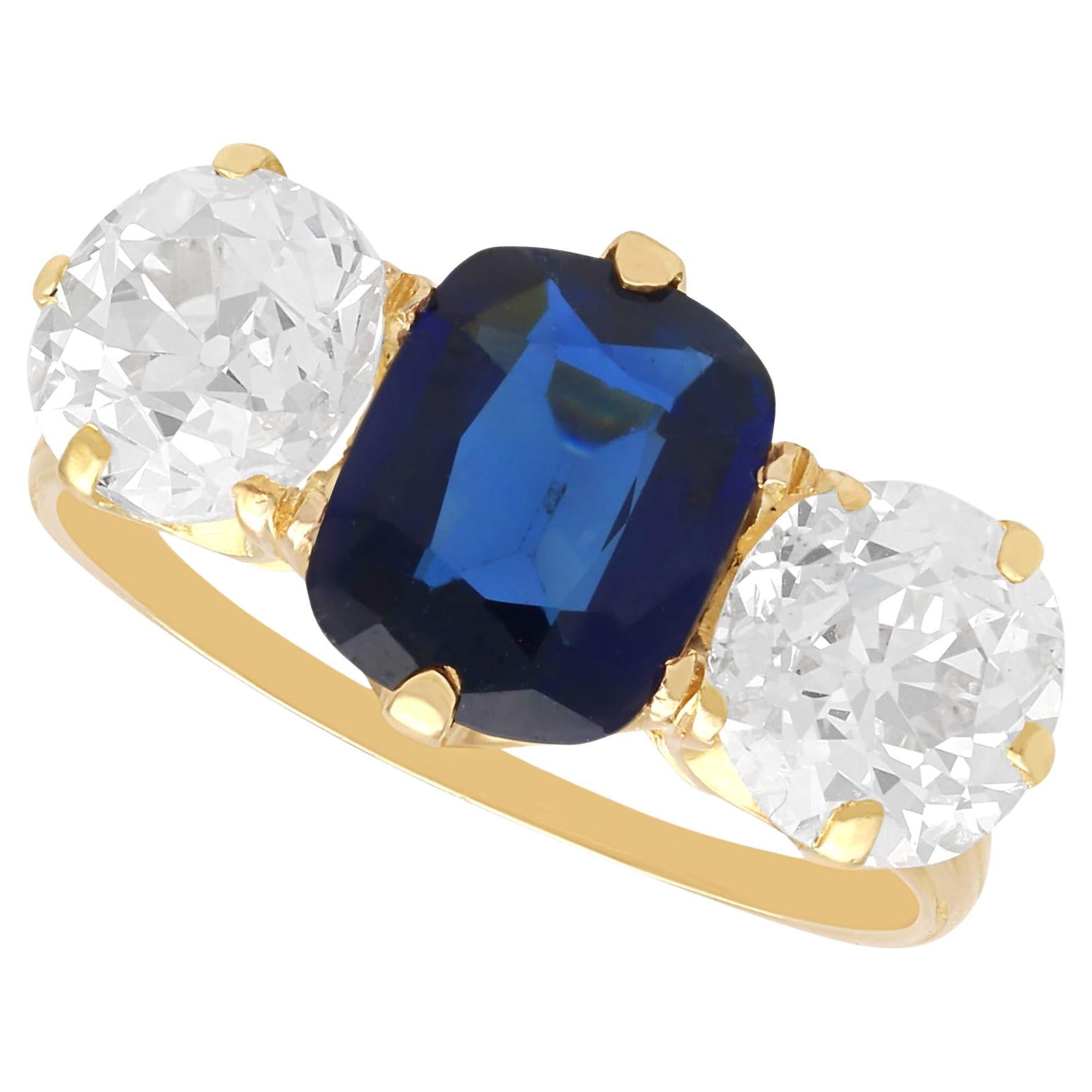 Anello antico con zaffiro basaltico da 2,17 carati e diamante da 2,52 carati, oro giallo 18 carati