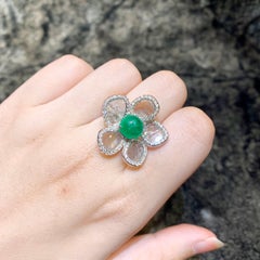 Antique 2.18 Carat Emerald Carving with Salt and Pepper Slice Diamond Ring