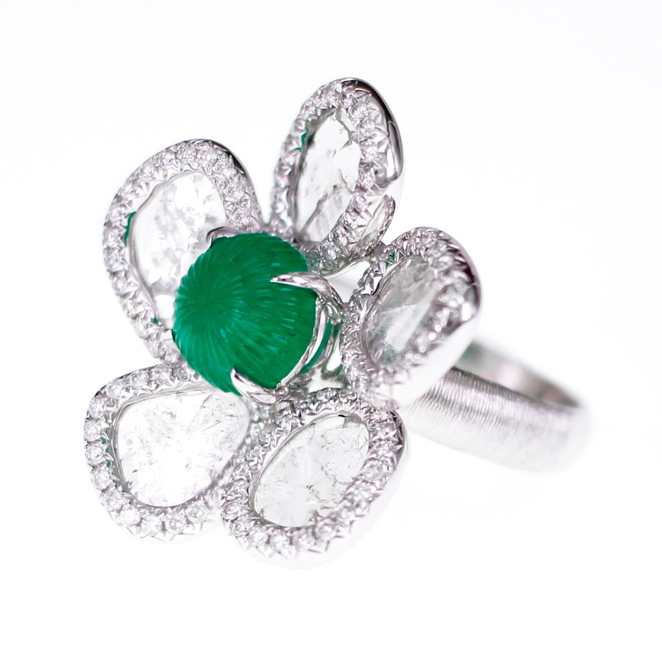 Modernist Antique 2.18 Carat Emerald Carving with Salt and Pepper Slice Diamond Ring For Sale