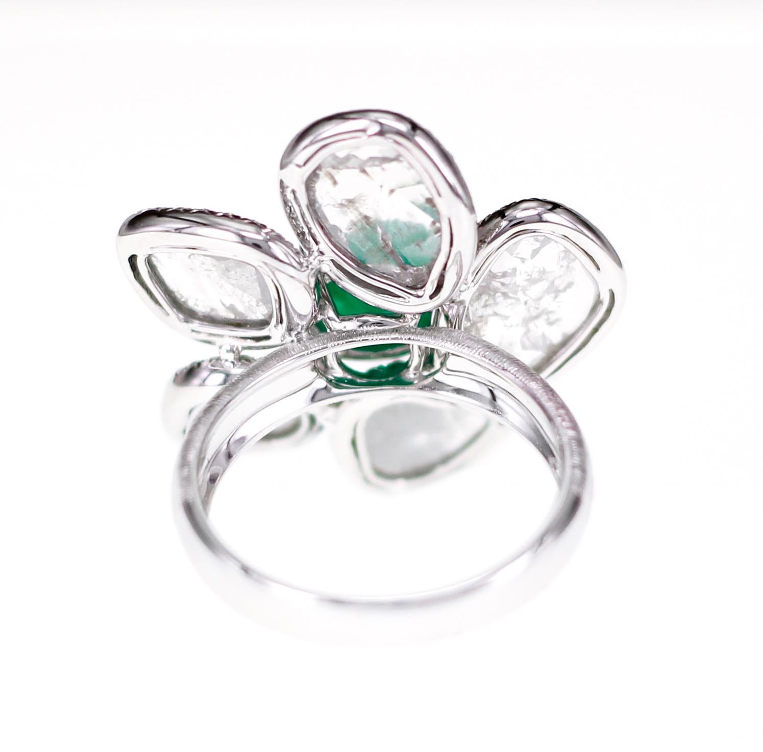 Round Cut Antique 2.18 Carat Emerald Carving with Salt and Pepper Slice Diamond Ring For Sale