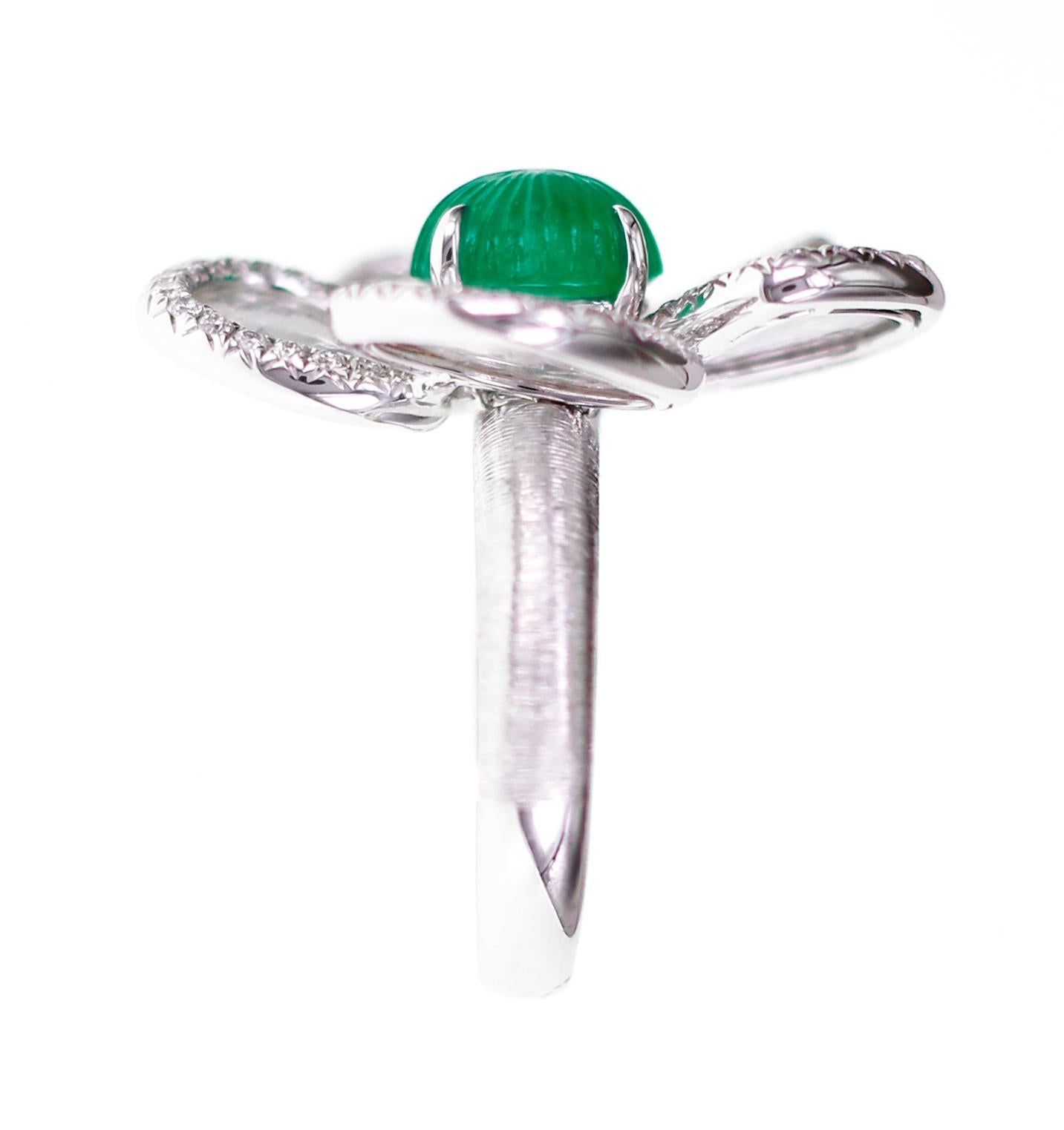Antique 2.18 Carat Emerald Carving with Salt and Pepper Slice Diamond Ring In New Condition For Sale In Hung Hom, HK
