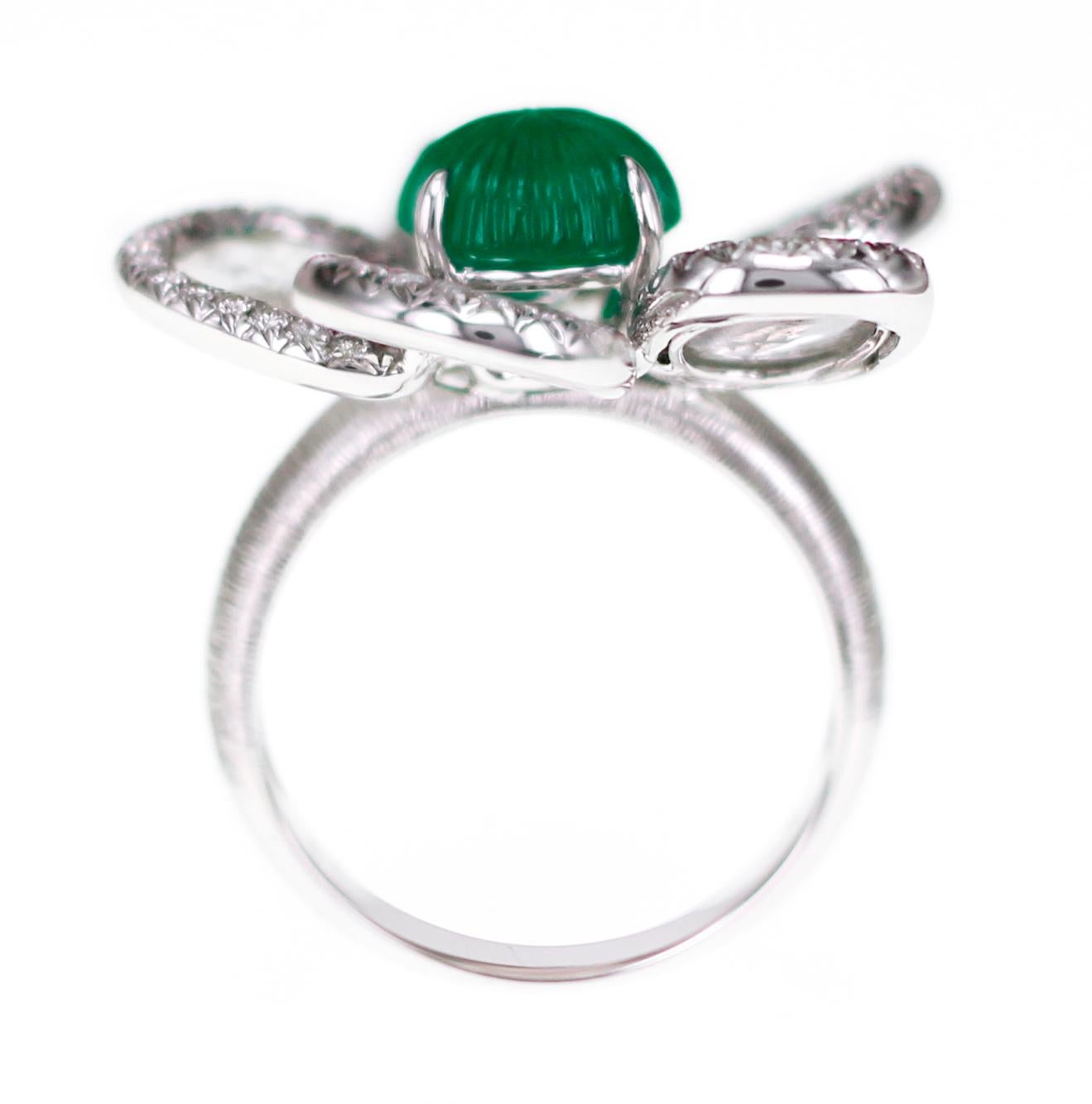 Women's Antique 2.18 Carat Emerald Carving with Salt and Pepper Slice Diamond Ring For Sale