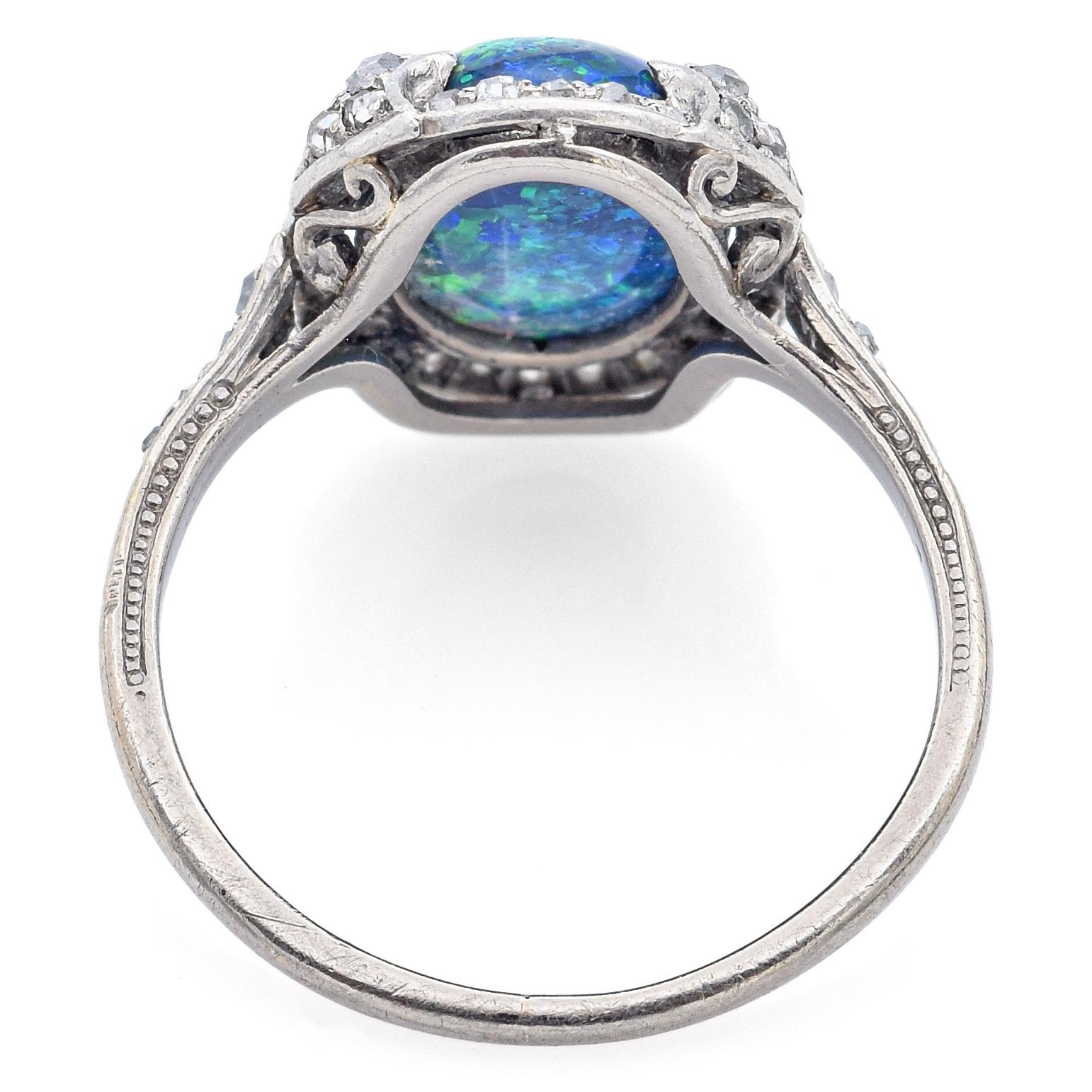 Antique 2.19 Ct Black Opal & Rose Cut Diamond Platinum Ring Size 5.5 In Good Condition For Sale In New York, NY