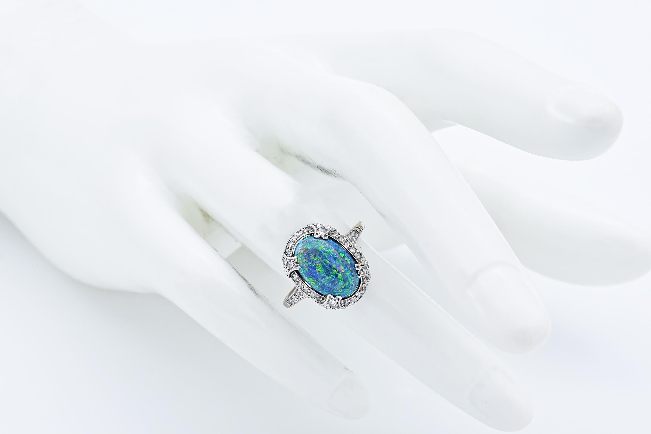 Antique 2.19 Ct Black Opal & Rose Cut Diamond Platinum Ring Size 5.5 For Sale 1